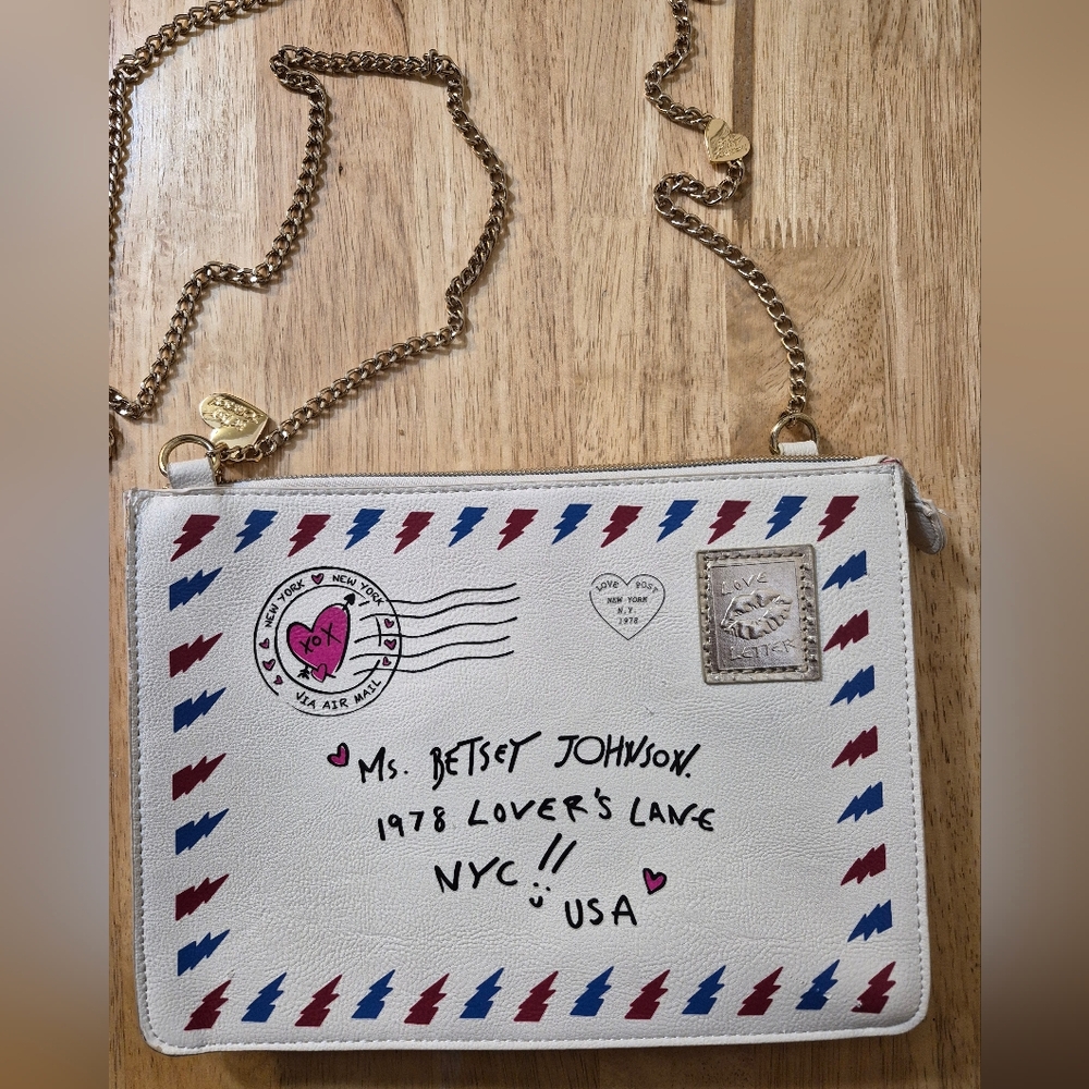 Betsey Johnson White Crossbody Mail Motif Bag with Red & Blue Accents